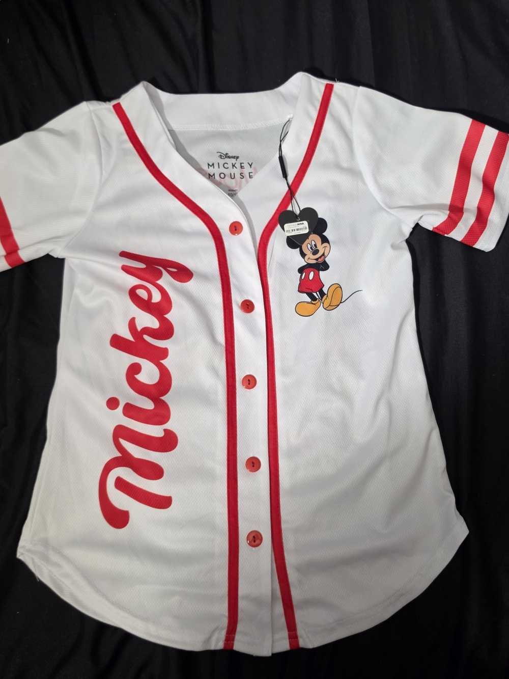 Kids Disney White & Red Mickey Baseball Button-Front Shirt